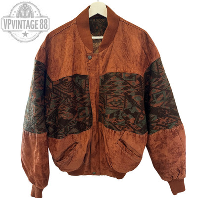 Vintage Aztec Navajo Bomber Jacket - Inca Style Tan Brown Leather Festival Coat