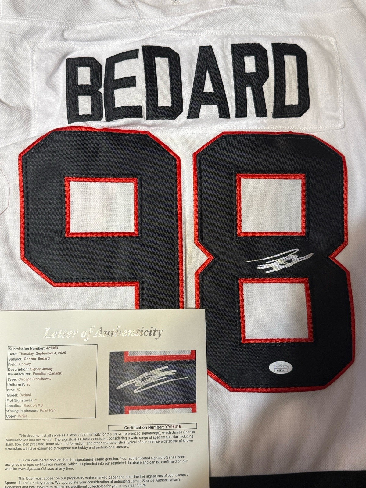 CONNOR BEDARD SIGNED CHICAGO BLACKHAWKS CUSTOM JERSEY - JSA LOA 