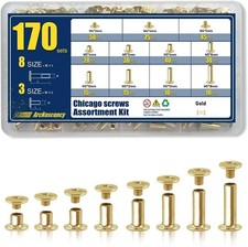 170 Sets Gold Chicago Screws Leather Rivets Kit, 8 Sizes M5 4,5,6,8,10,12,15,18