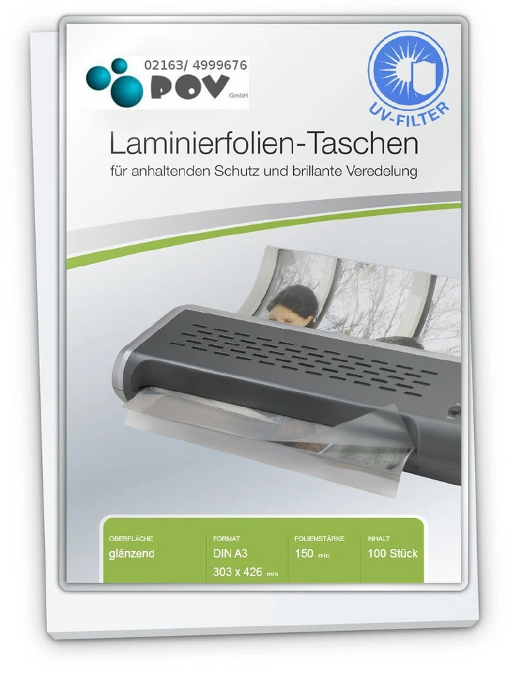 POV GMBH Laminierfolien A3 (303 x 426 mm), 2 x 150 mic, glänzend, mit UV Filter
