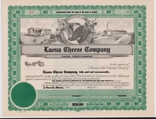 Laona Cheese Company Stock Certificate Durand, Illinois
