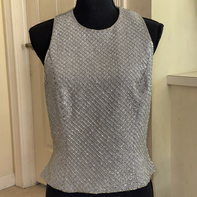 Beautiful Oleg Cassini Black Tie Beaded Sleeveless Top Size 10 Silver