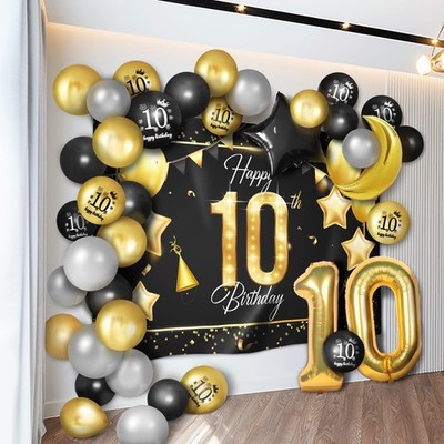 Happy 10th Birthday Balloons Gold Set Decor - Cheers to 10 Years Old Party Th...