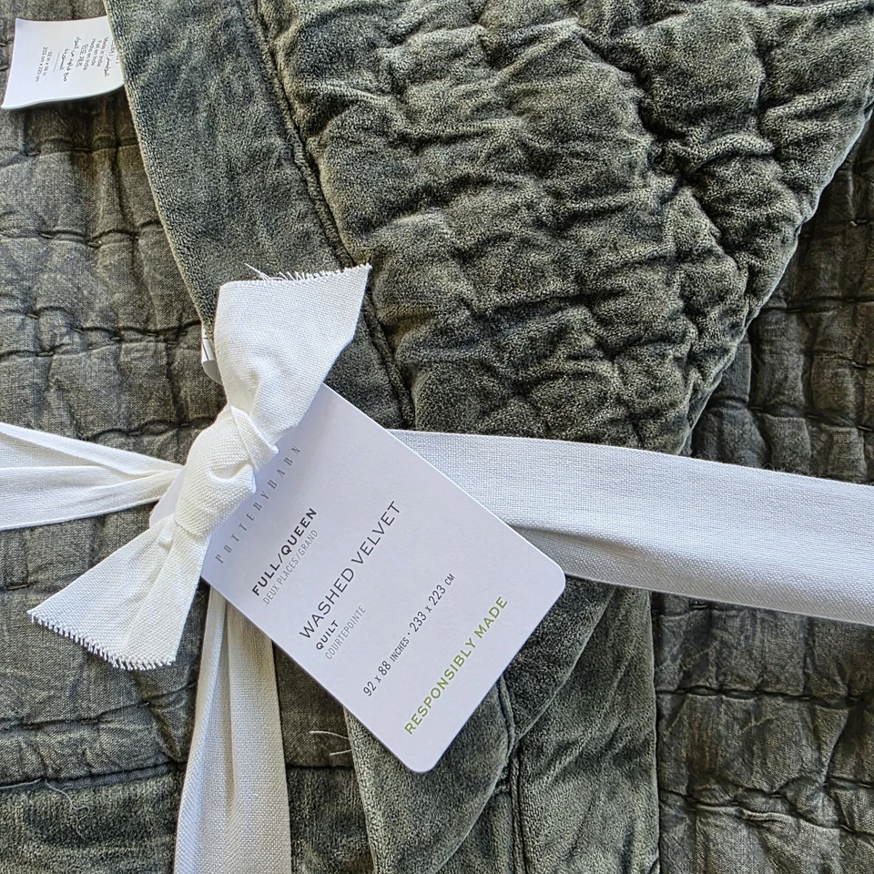Edredón artesanal de terciopelo lavado Pottery Barn completo Queen Loden verde nuevo Foto 3 de 4