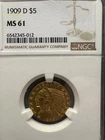 1909 D - US Gold $5 Indian  Half  Eagle - NGC MS 61 - No Reserve - True Auction