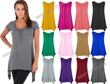 Women Ladies Hanky Hem Sleeveless Flared Jersey Long Tunic Flared Swing Vest Top
