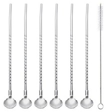 6 1pcs Spoon Straws Reusable Stainless Steel Drinking Spoon Straws with Brush