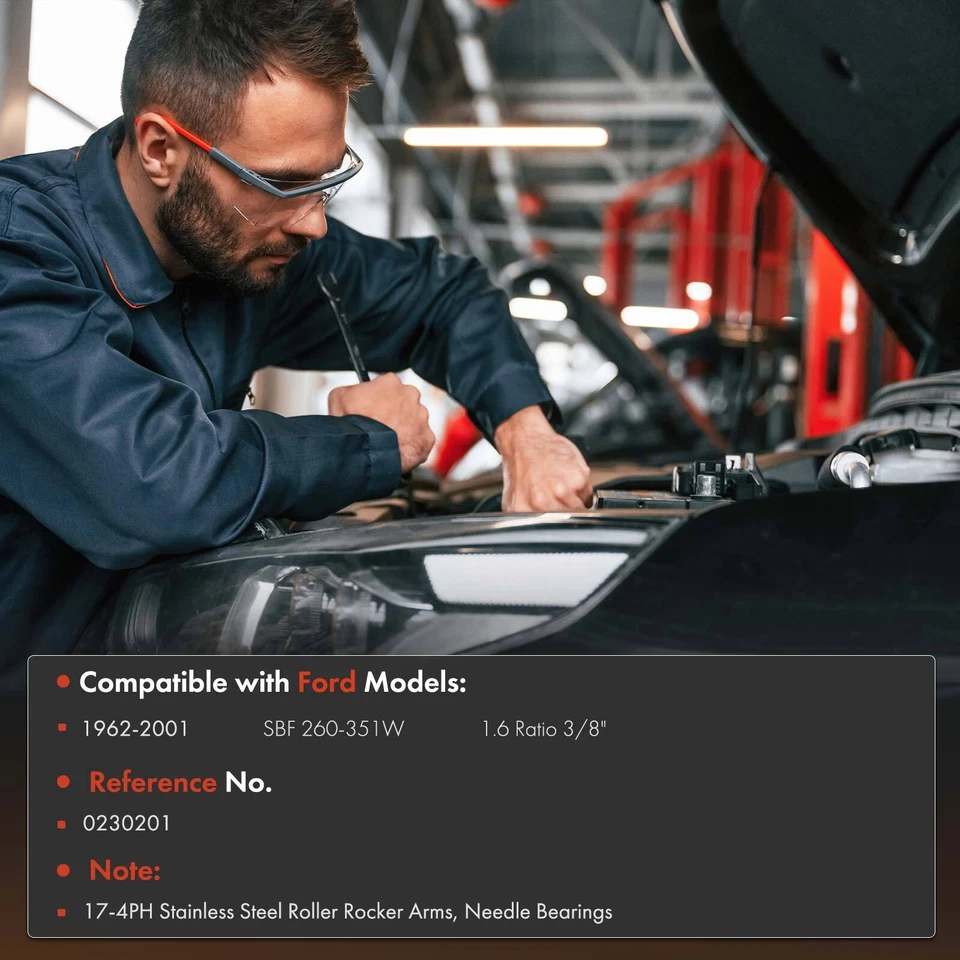 17-4PH Stainless Steel Roller Rocker Arms for Ford SBF 260-351W 1.6 Ratio 3/8" - Image 2 of 4