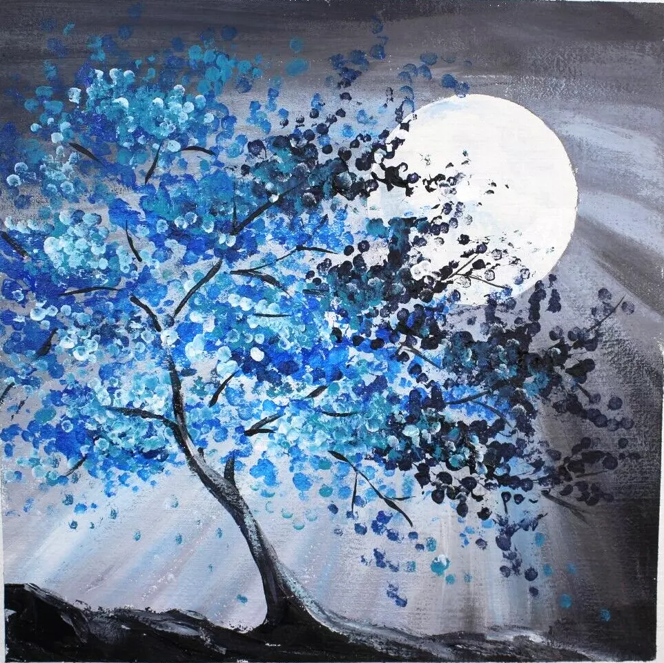 Original Acrylic Painting on Canvas Blooming Tree Moonlight Wall Decor