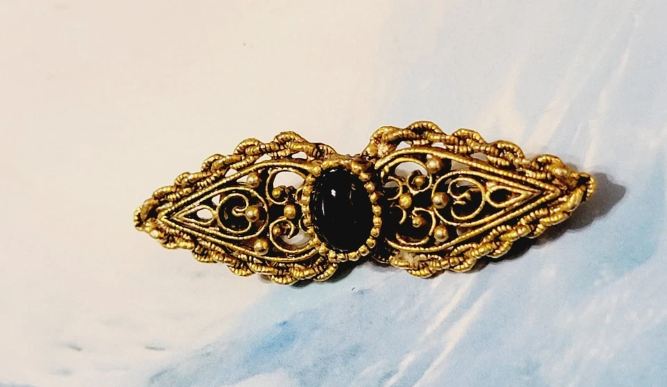 Broche prendedor vintage negro y dorado estilo victoriano, 2" tono lucite y dorado go-70 Foto 3 de 4