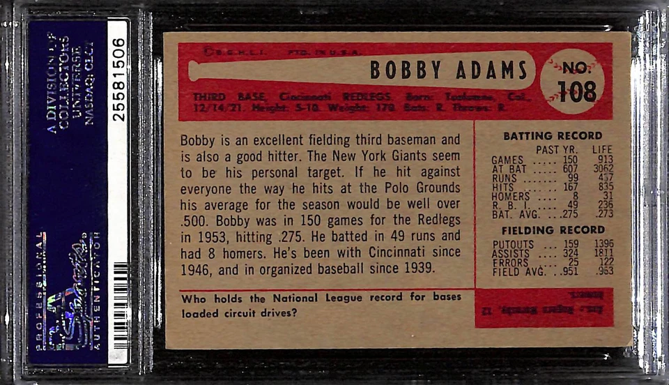 1954 Bowman #108 Bobby Adams - Image 2 of 2