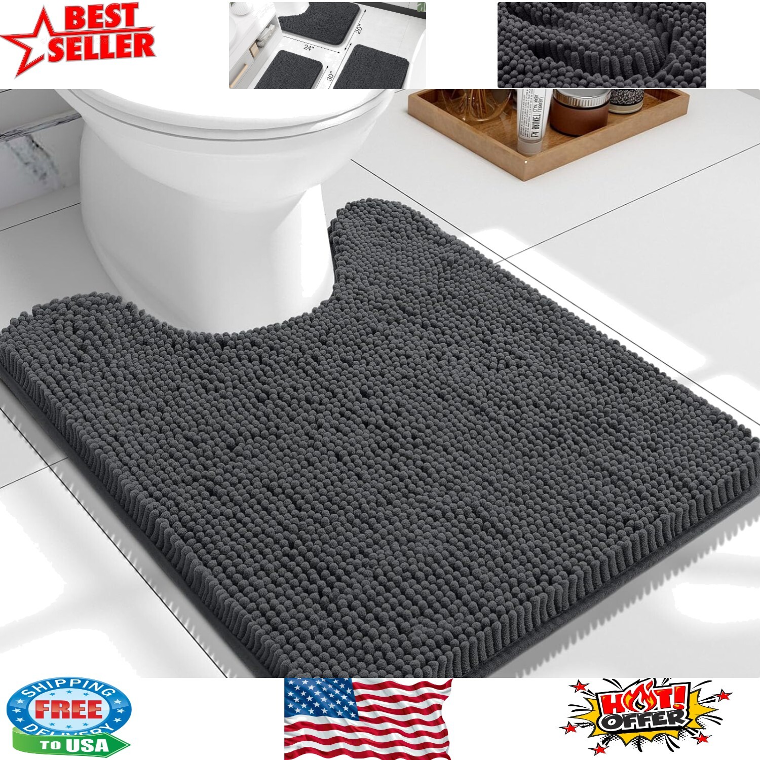 Soft Non-Slip Dark Grey U-Shaped Chenille Bath Mat - Easy to Clean