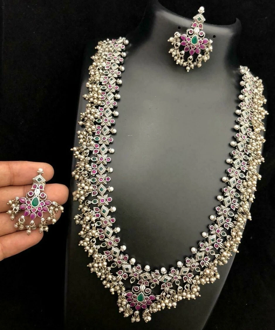 Indian Silver Oxidised Tone Zircon Statement Long Necklace Set Ethnic Jewelry 1