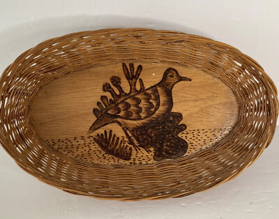 Vintage Bread Basket Made In Africa With Bird Etching Shellacked W/Wood Bottom