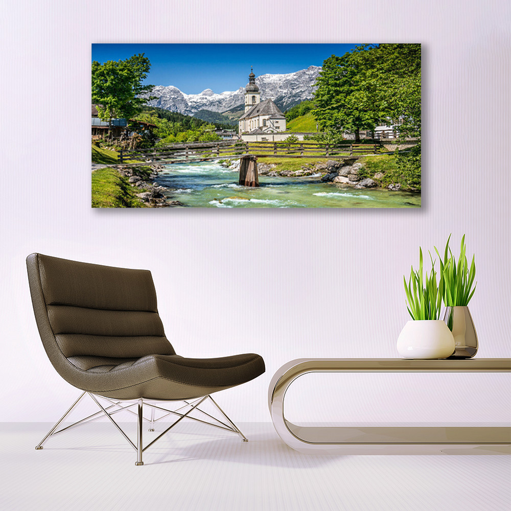 Tableau en Plexiglas église lac pont 140x70 décoration murale luxe