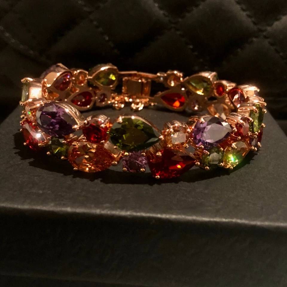 18k Rose Gold Filled Multicolor Tennis Bracelet made w Swarovski Crystal 6.5” - Image 2 of 4