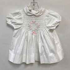Vtg Polly Flinders 12 Months White Smocked Dress Embroidered Peter Pan Heirloom