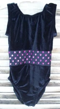 BLACK VELOUR leotard with hot pink polka dots~girl's size XS~gymanstics~dance~