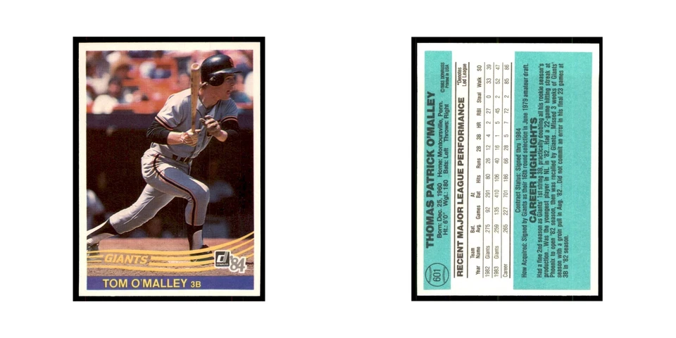 Tom O'Malley 1984 Donruss #601 San Francisco Giants Baseball Card NM - Image 3 of 3