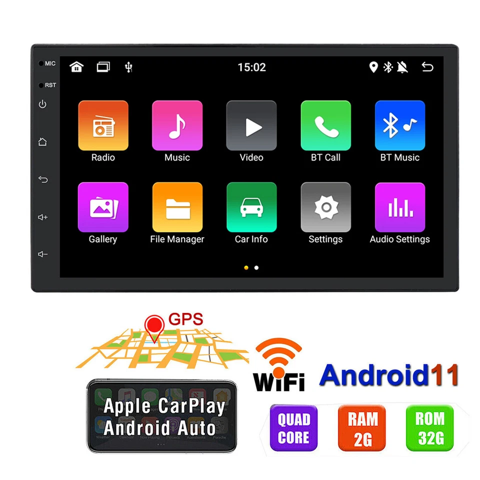 Android 11 Double Din 7" Car Stereo CarPlay Auto Radio GPS Navi WiFi FM 2+32GB - Image 2 of 4