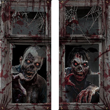 Halloween Window Decorations, 2PCS Zombie Halloween Curtain Banner