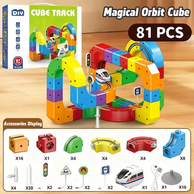 Kinder Magnetische Eisenbahn DIY Cube Track Spielzeug pädagogische Zugschiene 3+