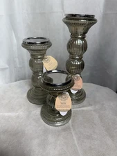 Litton Lane Gray Glass Handmade Turned Style Pillar Candle Holder (Set of 3)