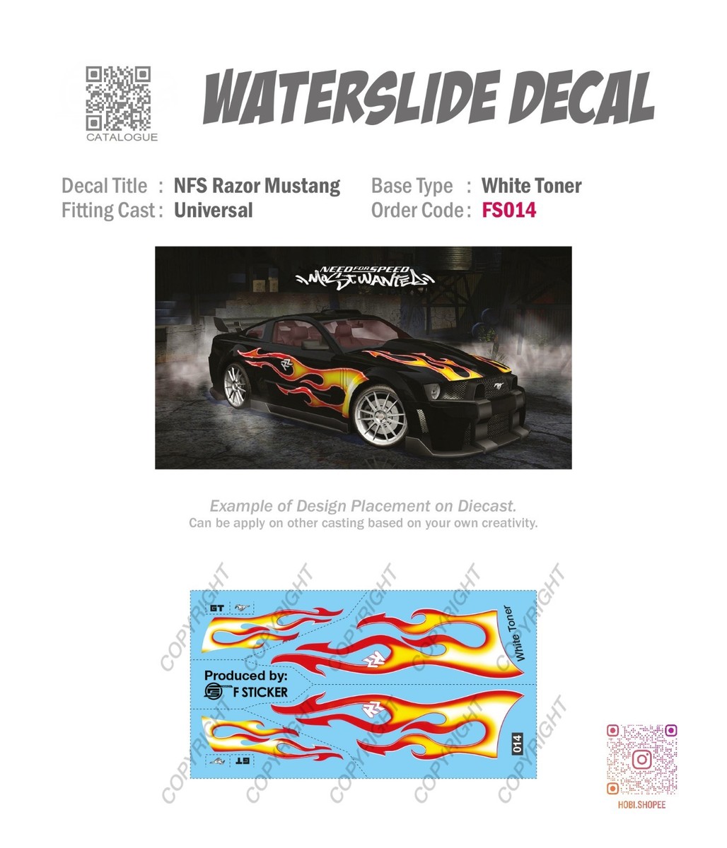 FS014 White Toner Waterslide 1/64 Decal # NFS RAZOR MUSTANG Custom