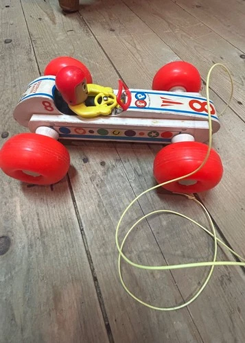 Vintage Fisher Price Toys Bouncy Racer Race car #8 Wood 1960's Pull Car