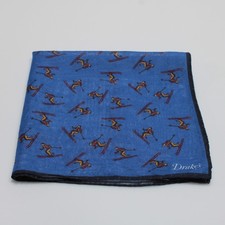 Drake's NWOT Wool / Silk Blend Pocket Square In Blue with Skier Graphic Print