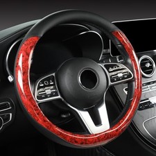 Wood Grain Steering Wheel Cover Microfiber Leather Breathable Anti Black Red
