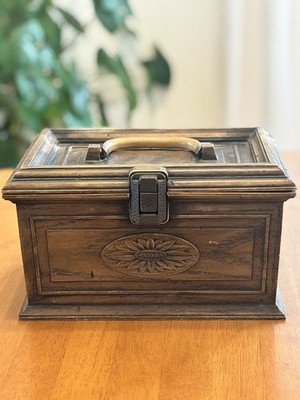 Vintage MCM Lerner Faux Wood Plastic Sewing Box W/ Labeled Supply Tray USA