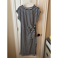 Loft Large Striped Navy and White Midi Dress Stretchy