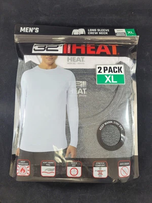 Men Long Sleeve 32 Degrees Heat Crew Neck 2 Pack Thermal Tee Size XL White/Charc