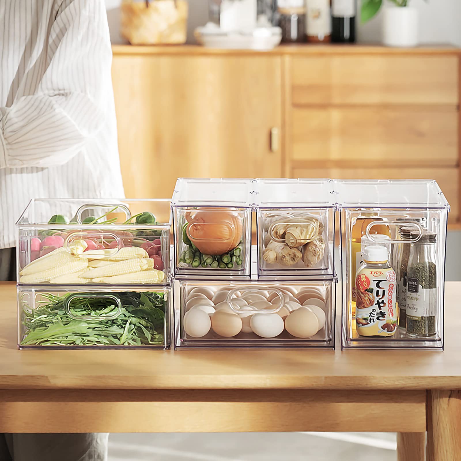 4 Pack Fridge Organizer Bins - Clear Pull-Out Drawers - Stackable - Divided