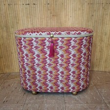 Fab Vintage MCM Oval Ottoman Blanket Box Stool Pink Yellow Zigzag Chenille