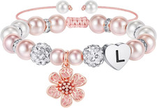 New Initial Flower Charm Bracelet for Girls, Pearl Heart Jewelry Fast Shipping