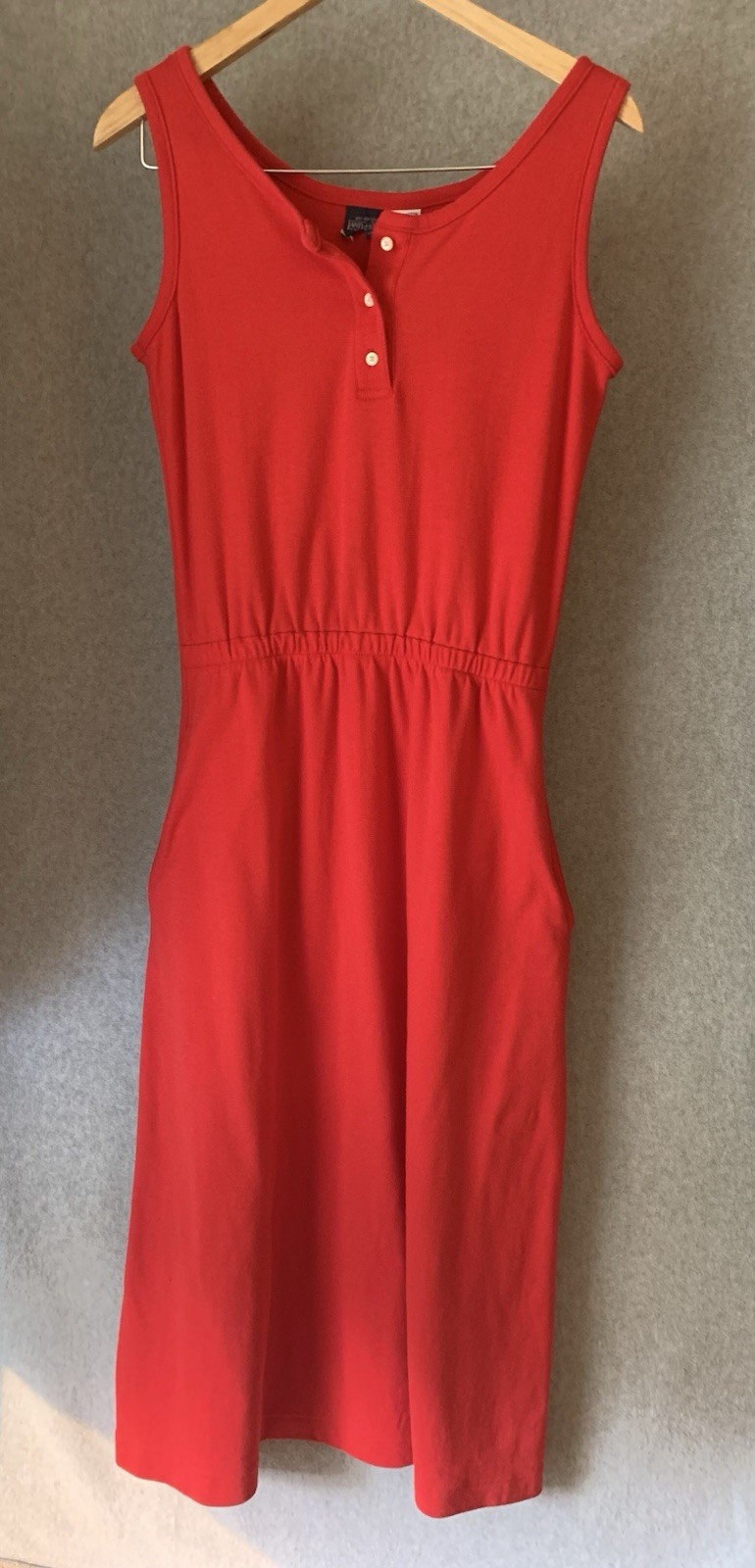 Vintage Lands End Midi Tank Dress Sz M Red Knit Button Neck Pockets Made in USA