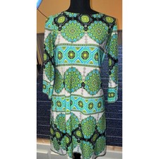 London Times ShiftDress Women 10P GreenBlue Geometric Medallion Excellent 3/4 Sl