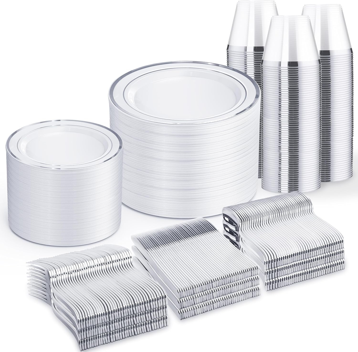 600 PCS Silver Disposable Dinnerware Set 100 Guests Wedding Reception Plates 