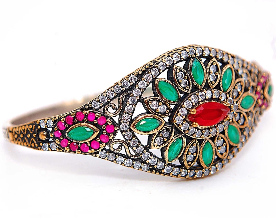 Ottoman Empire Style 12CT Treated Ruby & Garnet 925 Sterling Silver Bracelet - Image 2 of 3