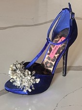 Betsey Johnson Blue Velvet Heels with Beaded Buckle Leopard Print Accents