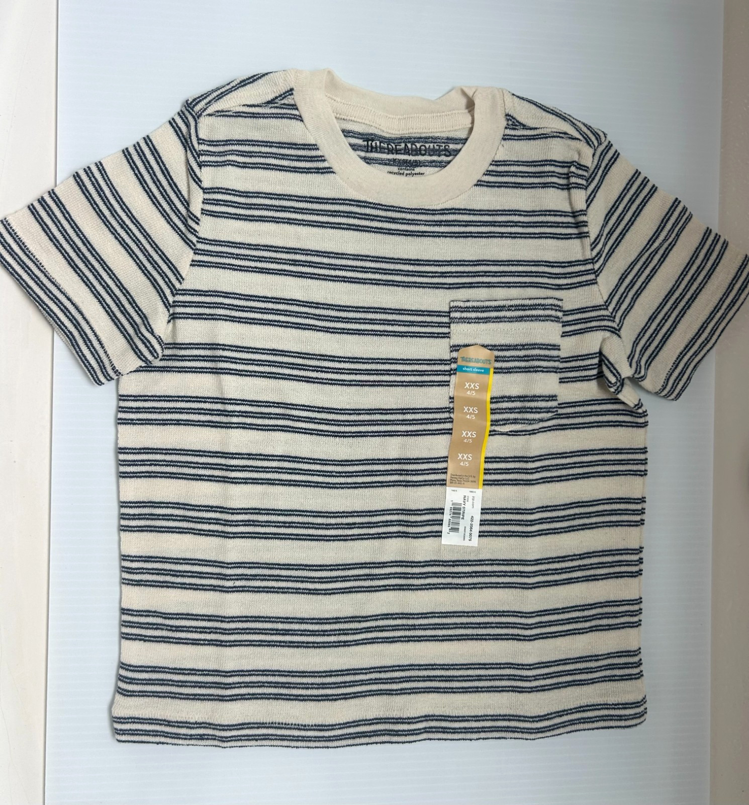 NWT Thereabouts Boys T-Shirt size XXS (4/5) pocket cream/Ivory with Navy Stripes