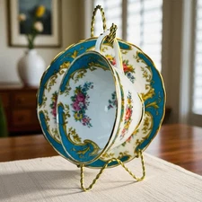 Tuscan Teacup Saucer Naples Pattern Rose Blue Turquoise England 1940 Floral Vtg