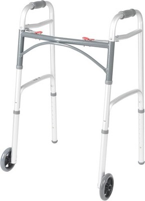 Drive Medical Two-Button Folding Walker w/ Wheels Desk Arms Dual Push 5in Silver