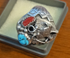 Gro&szlig;er Navajo American Richard Rita Begay Ring Wolf T&uuml;rkis und Koralle