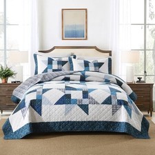 Cotton Quilt Bedding Sets 3 Pieces Soft Reversible Queen Blue White Patchwork