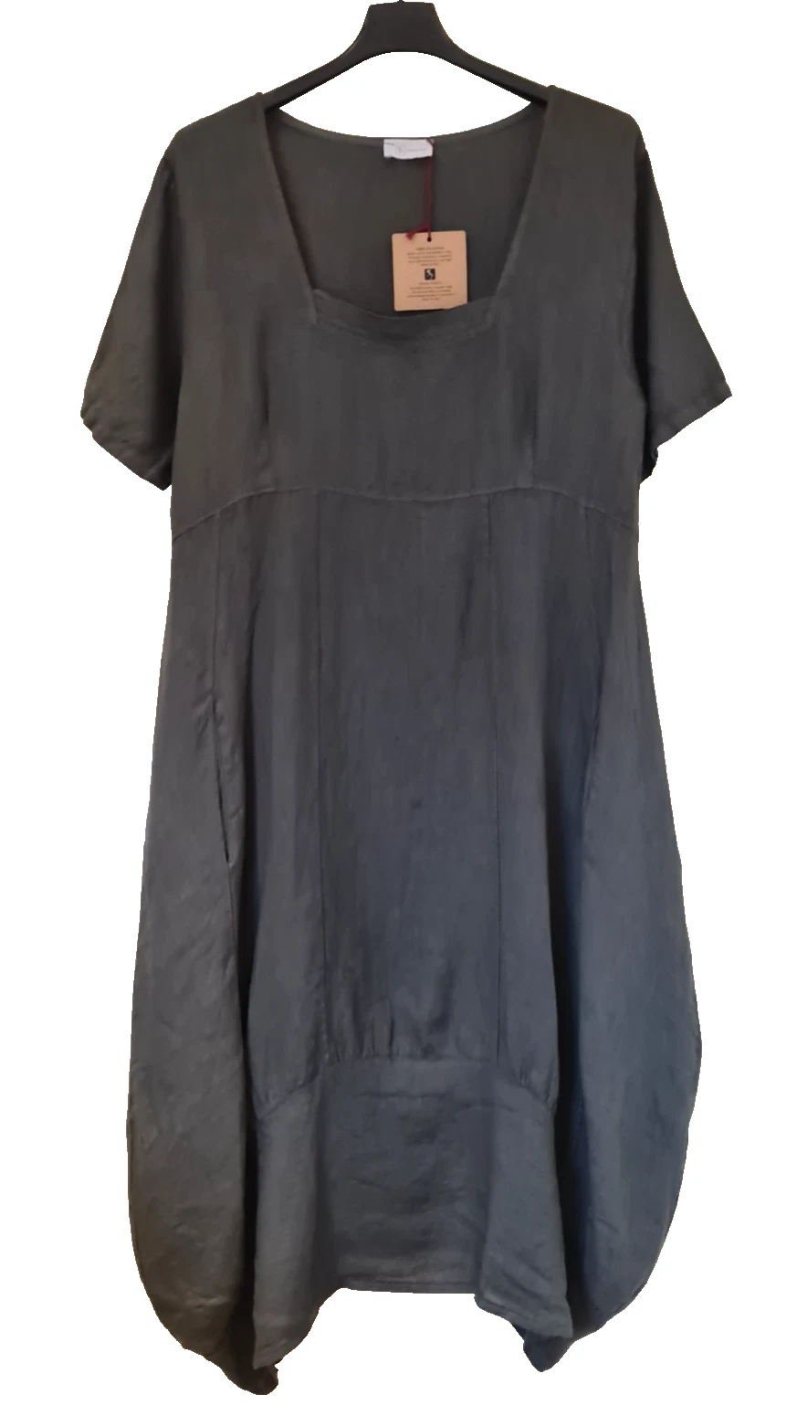 Italian Linen Lagenlook Dress Balloon hem Pockets Charcoal Grey One UK 10-16 New