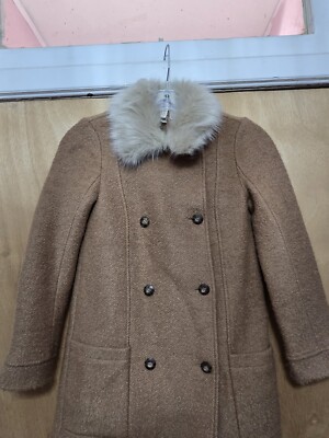 Womens Size 2 Double Breast Camel Color Peacoat With Faux Fur Collar .From H&M