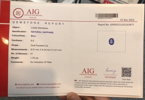 1.78Cts AIG CERTIFIED NO HEAT 100% Natural Blue Sapphire Loose Gemstone - Picture 2 of 4